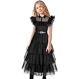 Tioheam Wednesday Addams Kostüm Für Kinder,Adams Schwarzes Kleid Kinder Cosplay Addams Kleines Mädchen Charakter Kostüm Wednesday Addams Family Für Damen Mädchen