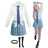 Cute My Dress Up Darling Cosplay Anime Kostüm Set – Marin Kitagawa Kleid Set – Baumwolle JK Uniform blau Karierter Rock für Frauen