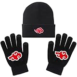 Akatsuki Mütze Itachi Schwarz Wollmütze Beanie Mütze Herren Damen, Winter/Warm/Strickmütze, Cooler Anime Hut, Strickhandschuhe für Unisex Fans Geschenk, Schwarz(Akatsuki Mütze+Handschuhe)