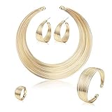 Adramata Bib Choker Statement Halsketten für Frauen Armreif Open Hoop Ohrstecker Ring African Chunky Modeschmuck Set