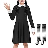 Kinder Mädchen Wednesday Kostüm Gotik Kleid Cosplay Peter Pan Kragen Costume Verkleidung Karneval Halloween Cosplay Party 4-16 Jahre (Kleid+gestreifte Socken, 134-140)