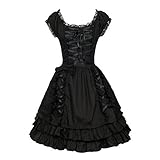 Nofonda Frauen Klassisch Schwarz Gothic Kostüm Cosplay Lolita Kostüm Abendkleid Layered Lace-Up Kurzarm Kleid (XXL)
