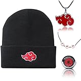 Vesvmi 4 Stück Beanie Mütze für Herren Damen Anime Akatsuki Strickmütze Mütze Unisex Beanie Mütze mit Halskette Ring Anime Stickerei Rote Wolke Mütze Wintermützen Rollmütze