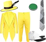 Herren-Anzug mit Mütze, Gelb Gelbe Jacke + gelbe Hose + gelber Hut mit schwarzem Band und Federn + schwarze Krawatte + Spatz + grüne Gesichtsfarbe Größe: XXL