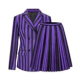 Funhoo Wednesday Kostüm Schuluniform für Erwachsene Frauen Mädchen Langarm Vertikale Streifen Anzug Jacke Mantel Rock Halloween Party Akademy Outfit (violett, L)