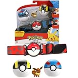 Pokemon Clip and Go Gürtel Set Evoli Eevee & Pokemon Bälle - 1x 5cm Pokemon Figur, 1x Gürtel & 2X Pokemon Ball - Neue 2022 - Offiziell Lizensiert Pokemon Spielzeug