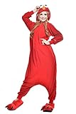 Wanziee Unisex Sesamstraße Elmo Onesie Plüsch Rot Kostüm mit Kapuze Erwachsene Pyjama für Weihnachten Halloween Party Nachtwäsche S M L XL, rot, L
