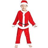 Tyidalin 4 Stück Kinder Jungen Weihnachtsmann Kostüm mit Hut Gürtel Weihnachtsfrau Weihnachtsbekleidung Set, 86-92(Etikett 90)
