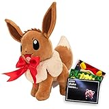 Lively Moments Evoli Kuscheltier 20 cm Weihnachtsedition I Pokemon Plüschtier Evoli groß I Evoli Plüschtier Figur mit Schleife und gratis Grußkarte