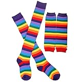 Tinksky Regenbogen-Streifen Arm-Wärmer Bein-Strumpf Bunte Oberschenkel Hohe Socken Fingerlose Handschuhe Hülsen-Set für Frauen Mädchen Karneval Party Stützen