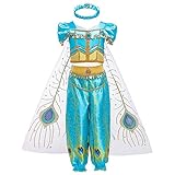 FYMNSI Mädchen Jasmin Kostüm Aladdin Prinzessin Karneval Cosplay Weihnachten Halloween Party Verkleidung Kinder Blau Pailletten Schulterfrei Ärmellos Top Hose Klassisch Ankleiden Outfit 12-13 Jahre