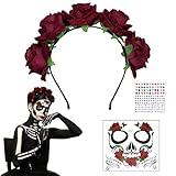 WEDNOK Tag der Toten Haarreif Dia de los Muertos Stirnband Rosen Haarband mexikanischen Blumen Kronen Day of The Dead Haarschmuck mit Gesicht Tattoos für Karneval Fasching Halloween Mottoparty