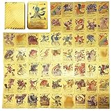 55 Stück Karten Gold für Pokemon,Rare Gold Karten Deutsch,Poke Karten Vmax Gold Foil Cards,Poke Gold Karten Plated Card,Golden Karten Dx Gx,Rare Golden Sammelkarten,Nicht Original-Deutsche